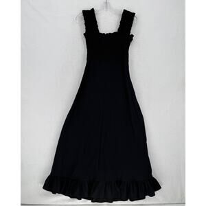 Ganni Black Square Neck Smocked Ruffle Hem Sleeveless Maxi Dress Sz 34